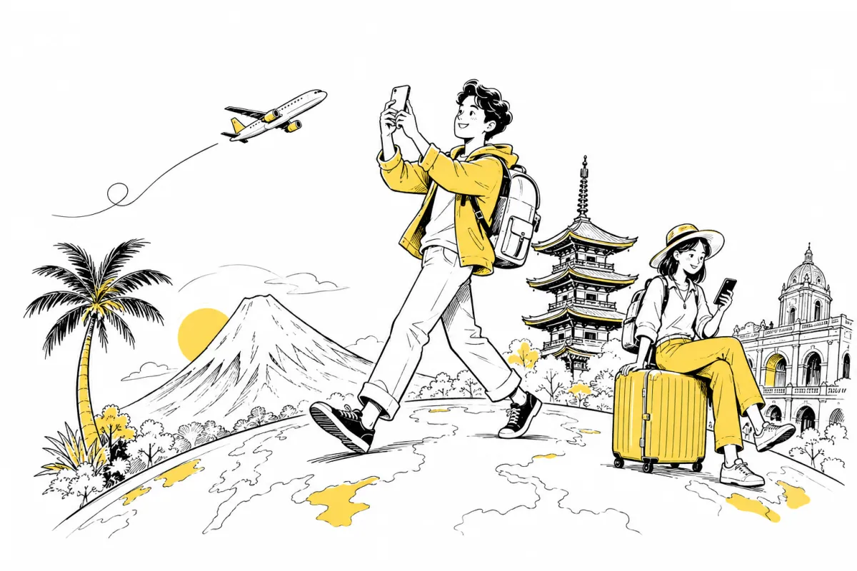 Hand-drawn travelers exploring the world with phones and luggage, surrounded by a plane, Mount Fuji and city buildings