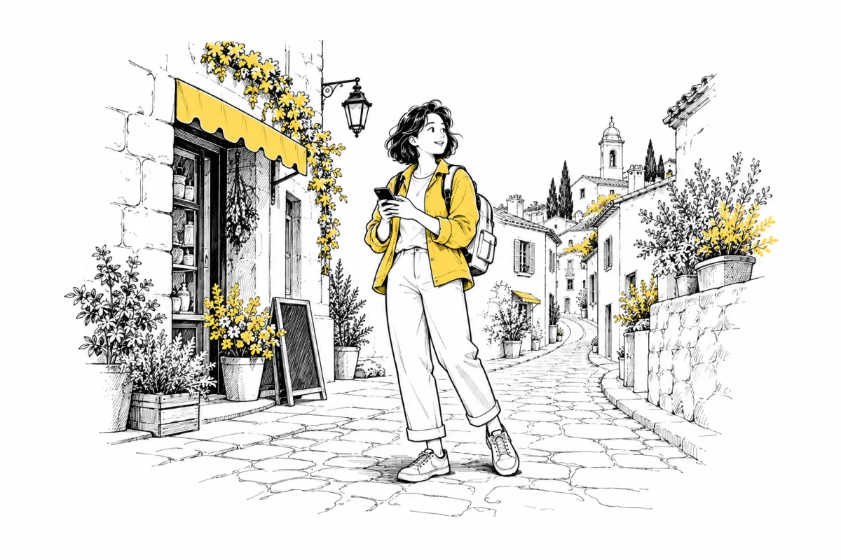 A traveler in a yellow jacket checks a phone at an unfamiliar street corner